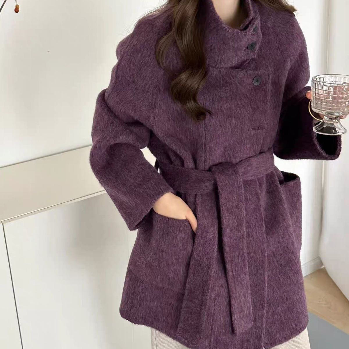 紫色秋冬新款韩系立领双面苏丽绒中长款气质呢子羊毛大衣立领中长