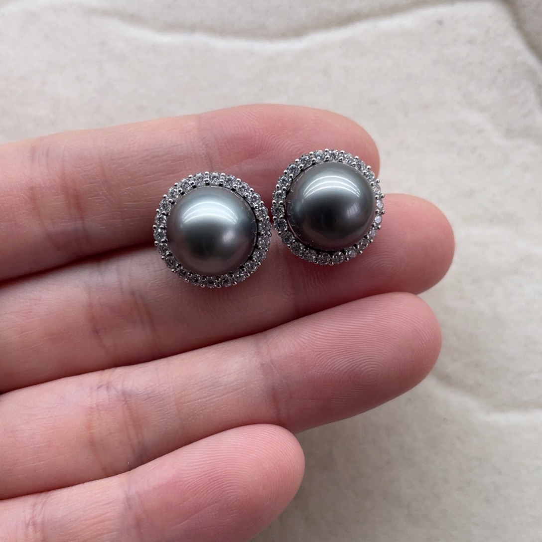 海水珍珠耳环银S925镶嵌11-12m m