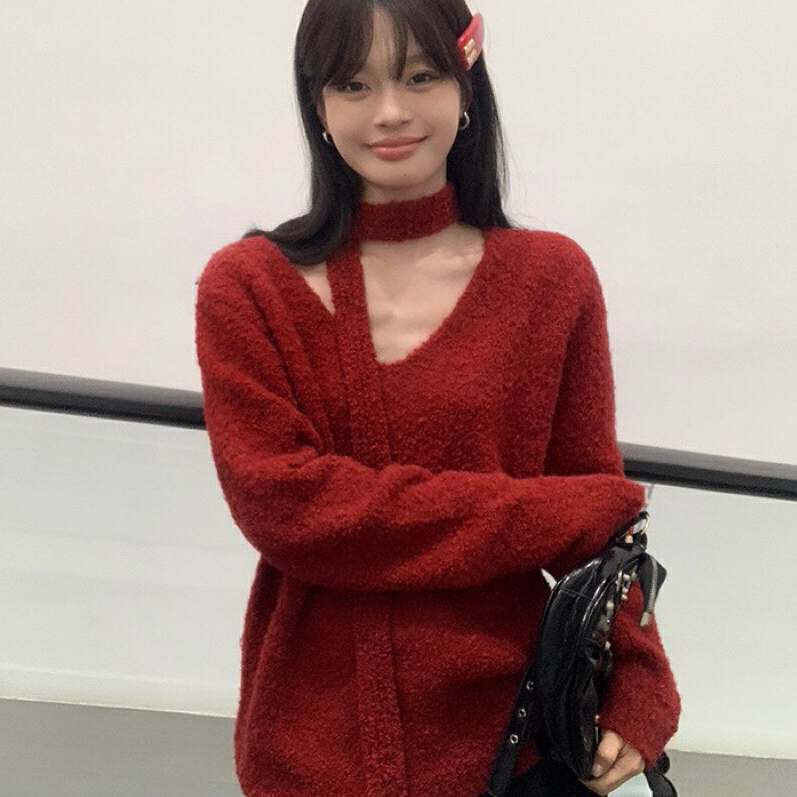 宽松v领毛衣秋冬季新款高级慵懒风保暖毛衣  W3067#