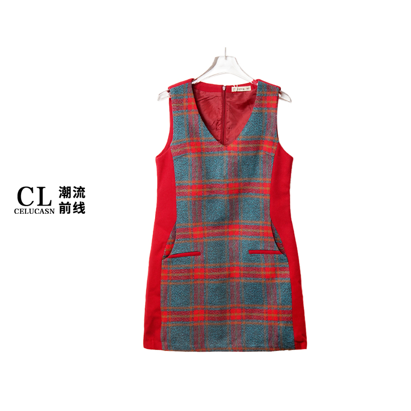 E6VI5966#复古法式格纹无袖长裙女百搭修身显瘦连衣裙