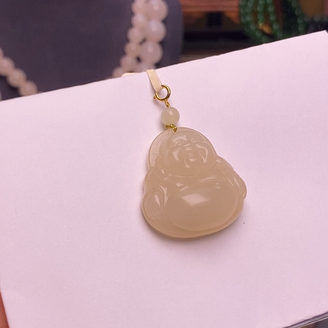 和田玉未镶嵌颈饰藕粉老矿料红粉金镶佛公