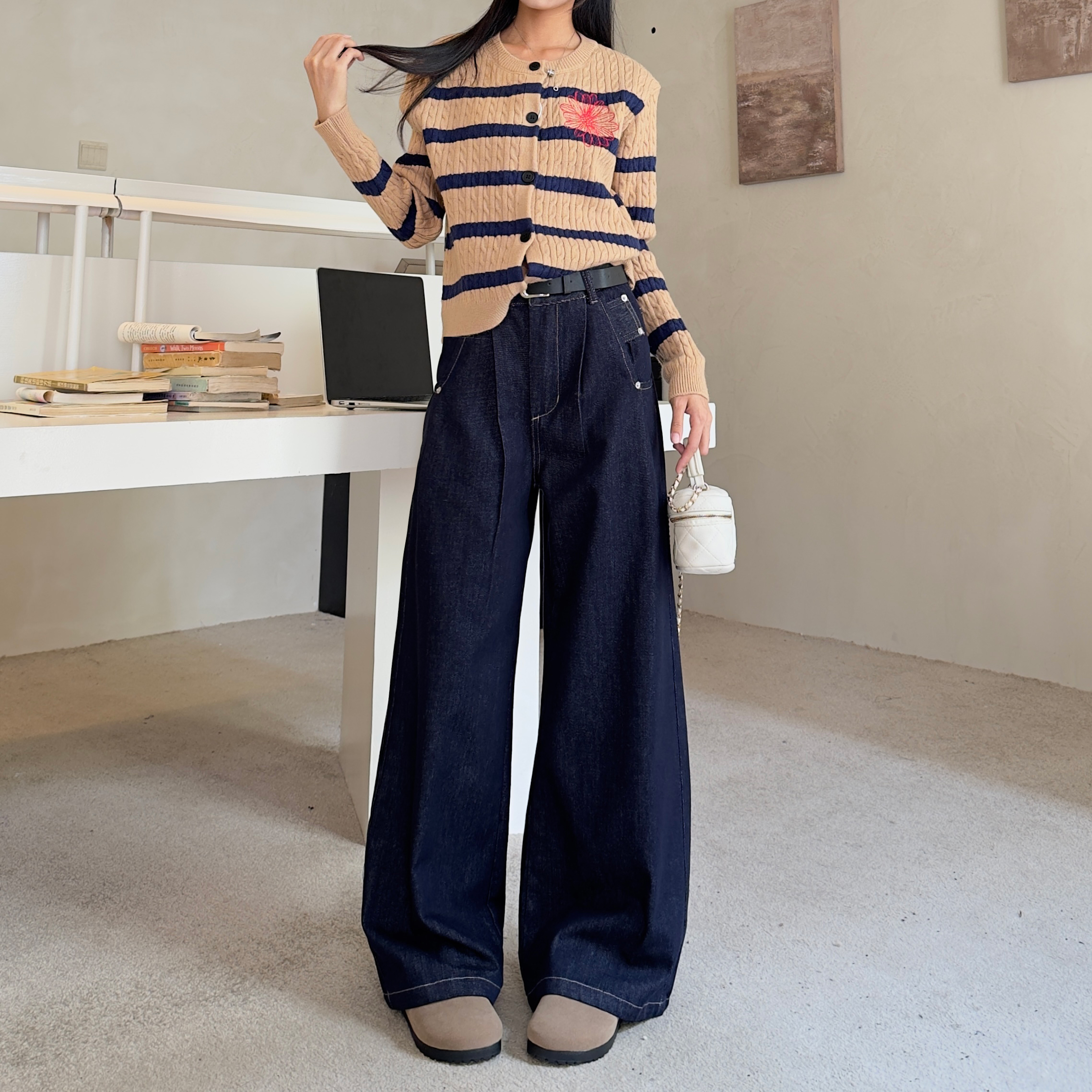 JS8025【防褪色】潮流前端新款丹宁蓝宽松窄版裤阔腿女牛仔裤高腰