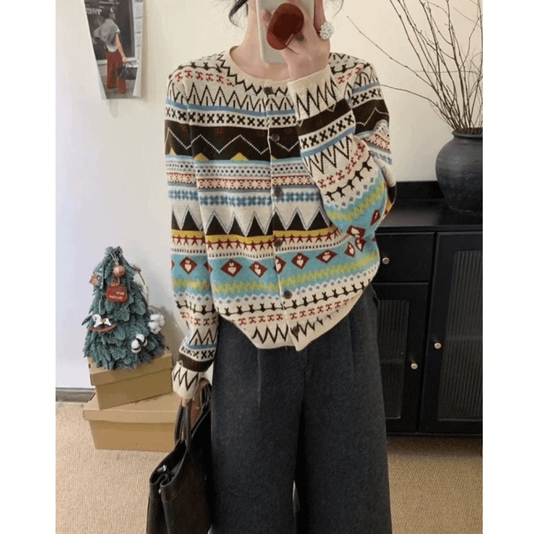 费尔岛复古提花圆领针织开衫秋冬毛衣外套+牛仔裤BB50480