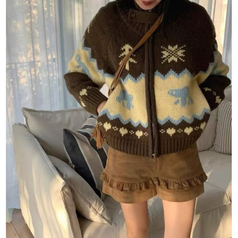 圣诞节设计~立领韩版双拉链针织开衫Y914