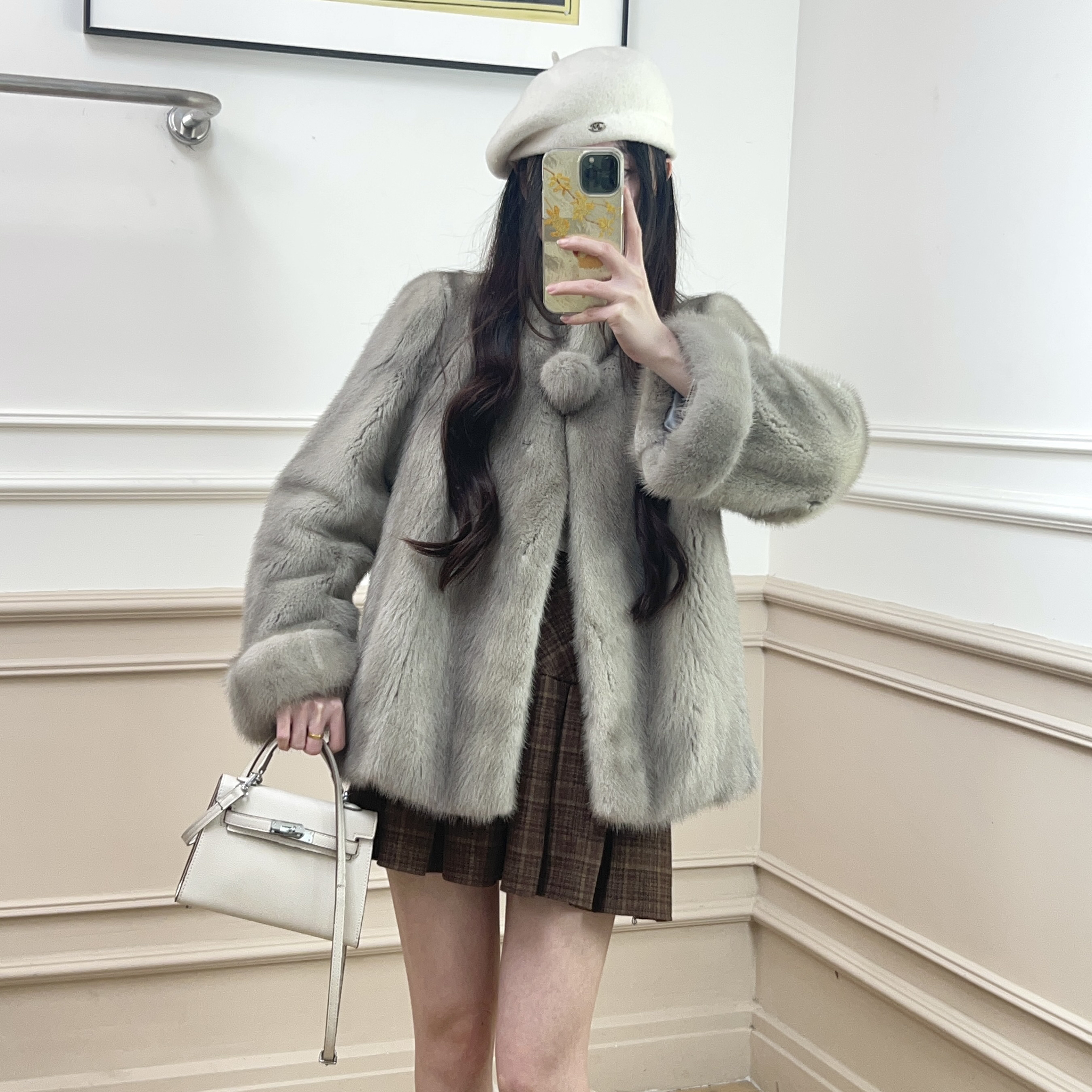 L155短款挽袖减龄款毛球宝石蓝灰厚外套时尚洋气宽松