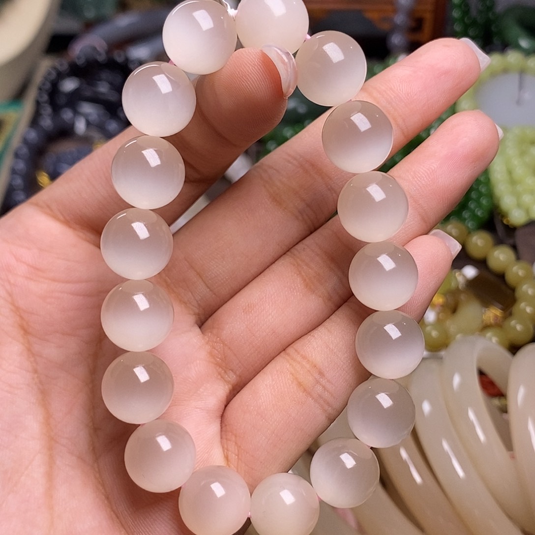 和田玉收藏级藕粉猫眼全净体冰底珠串12mm未镶嵌