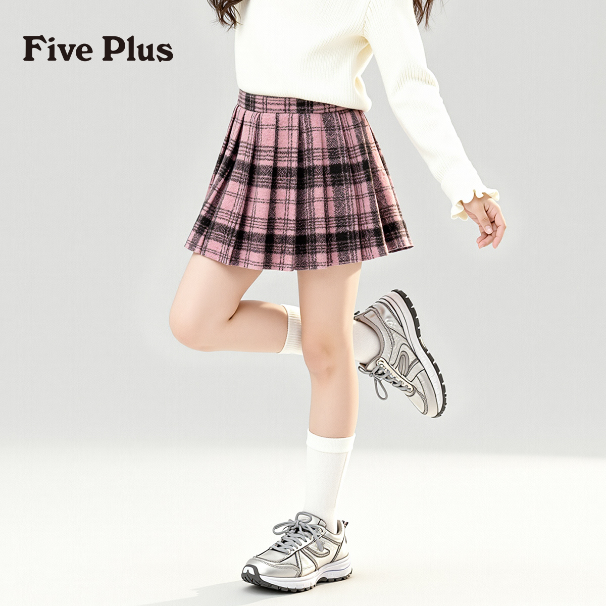 Five Plus女童百褶裙冬季2025新款女孩毛呢格子半裙洋气儿童冬装