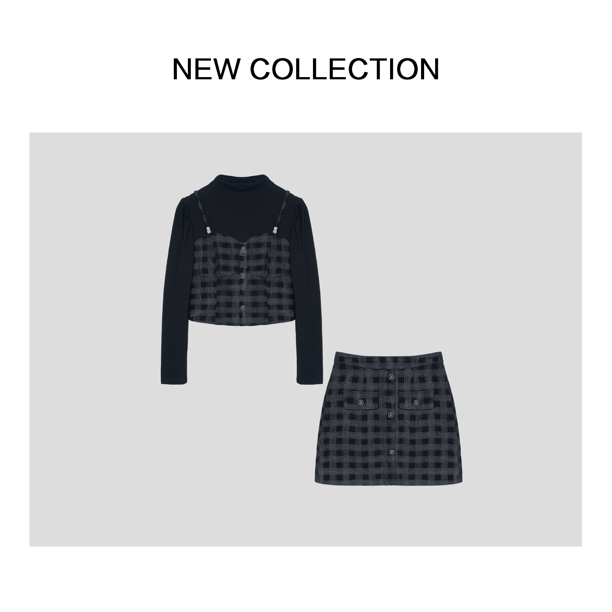 【小依专享】D1F58000学院风中厚款格子吊带裙套装-8000秋冬气质