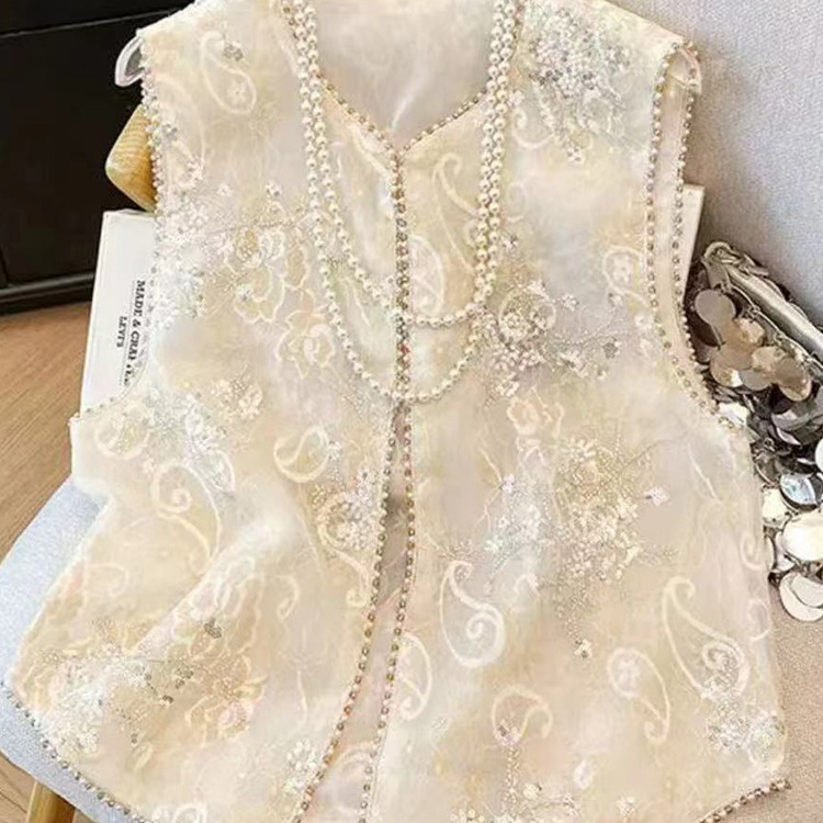 9008新中式国风重工刺绣亮片钉珠马夹女夏季新款洋气百搭马甲女潮