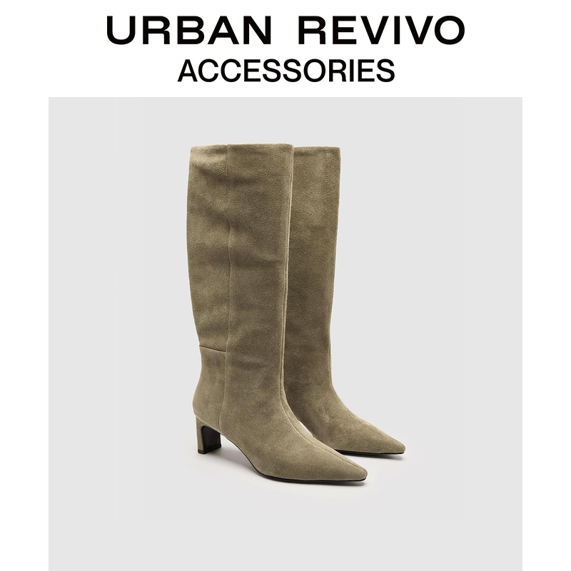 URBAN REVIVO2025冬季新款女士流光风气质真皮长靴UAWS50127