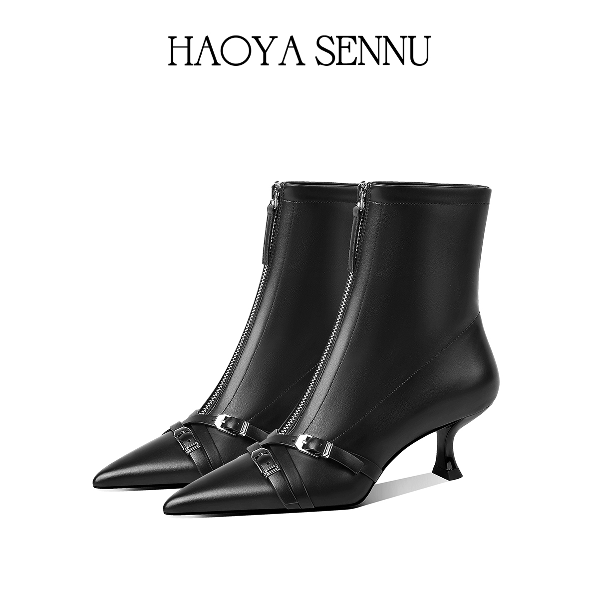 HYSN设计师2025新款黑色短靴女时尚前拉链猫跟时装靴舒适通勤皮靴