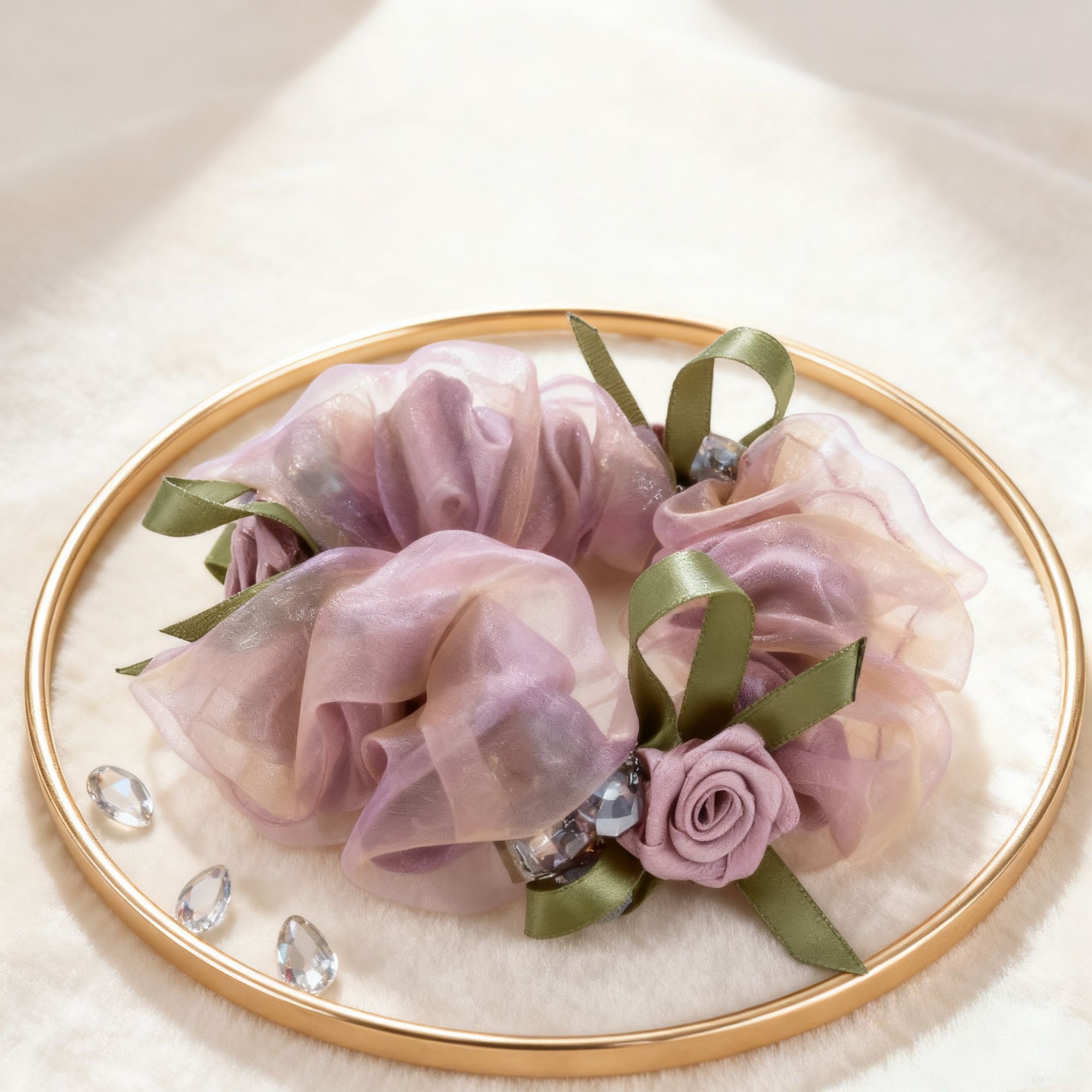 诗泊雅 手工立体玫瑰水晶欧根纱发圈少女心发饰臻品