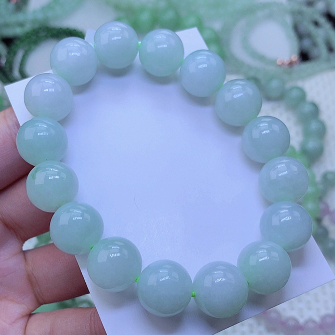 缅甸天然翡翠A货卡13冰胶晴水飘绿翡翠手串老坑百搭玉手串精美