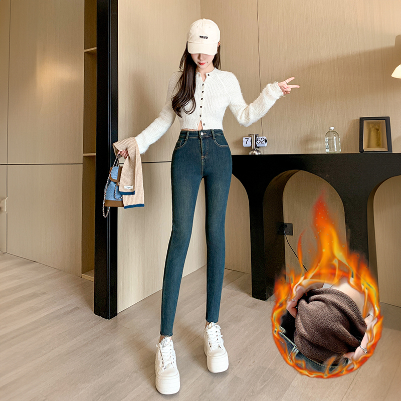 加绒加厚铅笔裤微弹高腰牛仔裤女2025冬季百搭显瘦搭配靴子九分裤