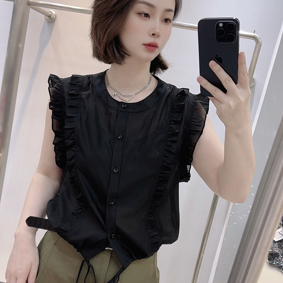 【5828】夏季时髦洋气立体花边拼接无袖宽松衬衫上衣