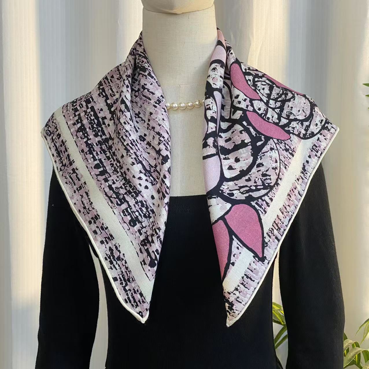 桑蚕丝羊毛【粉山茶花】60丝毛方巾双面百搭女士气质丝巾K307