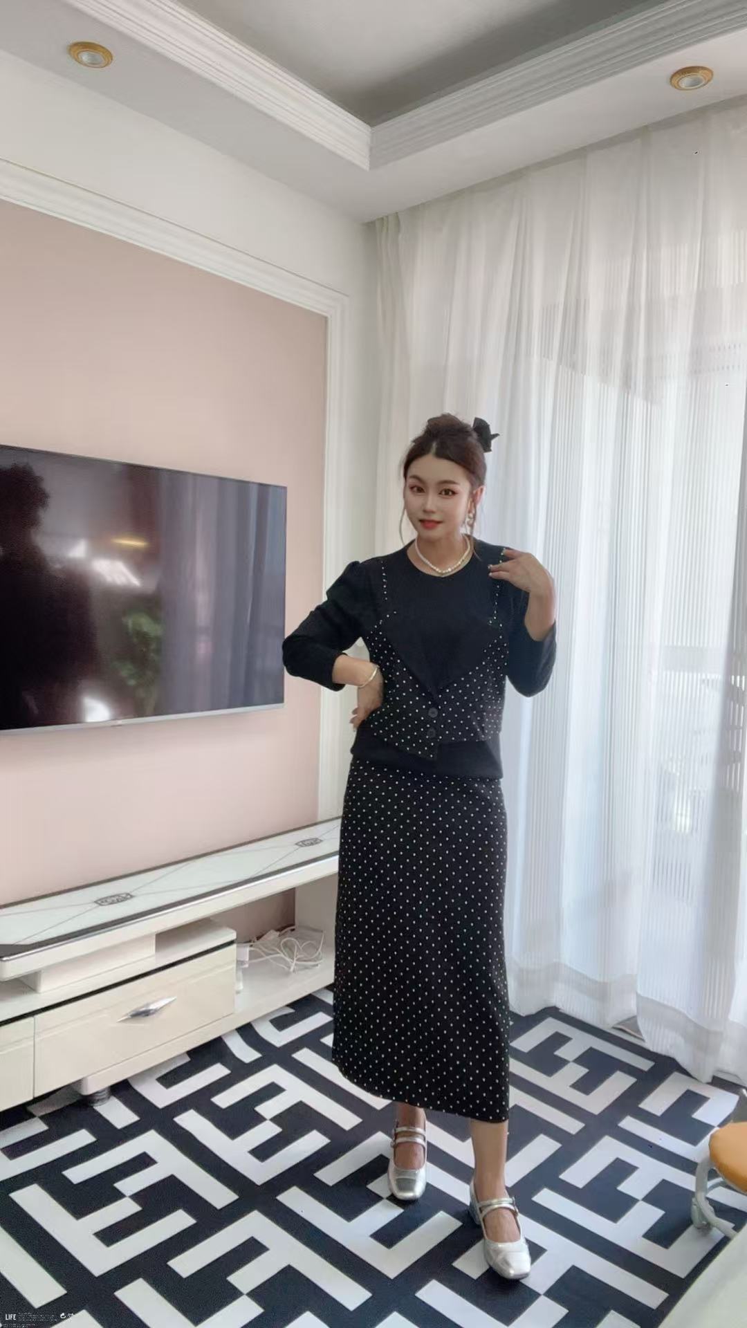 黑白点两件套半身裙波点秋季简约风长裙高腰休闲风