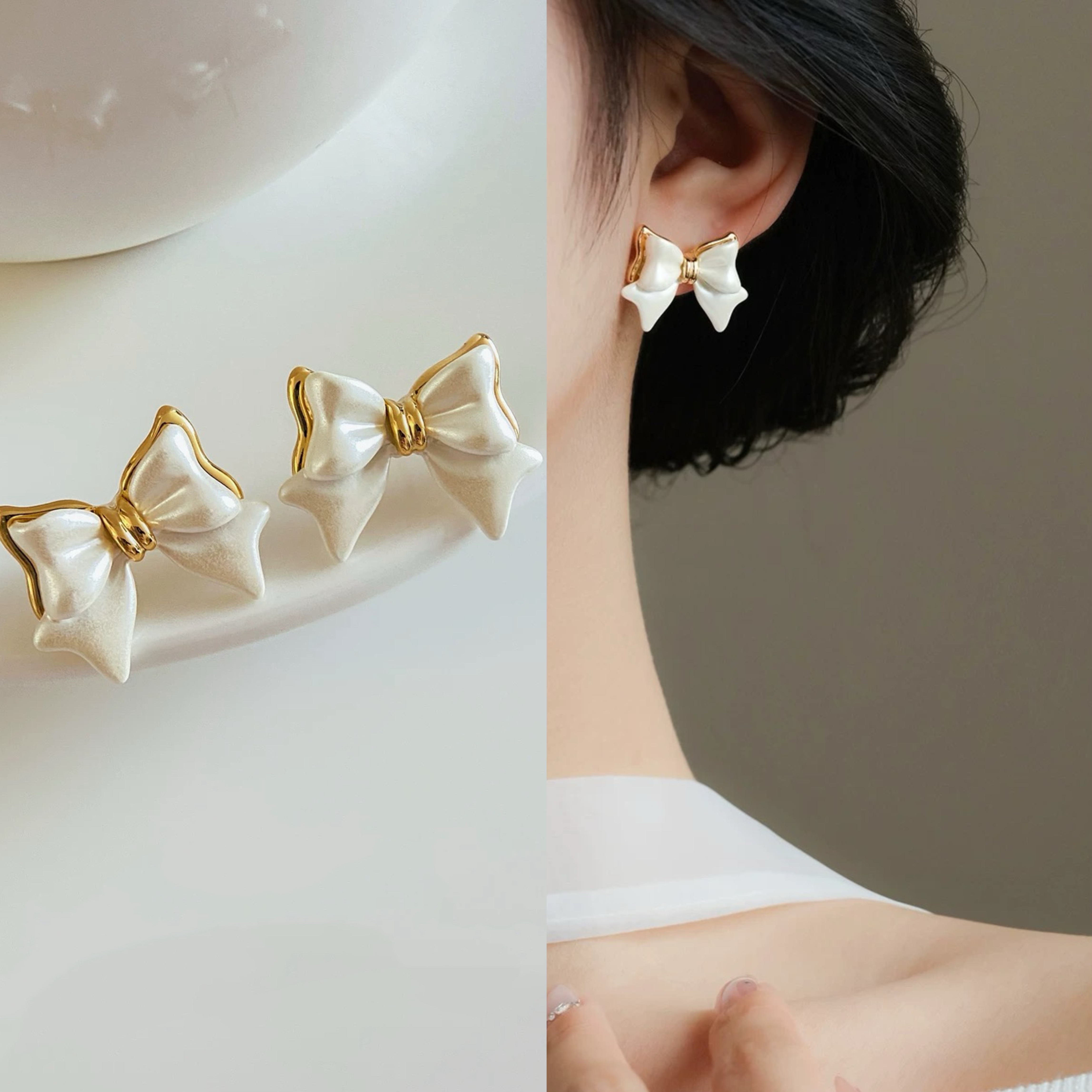 铜合金耳饰 白色蝴蝶结耳钉爆款精致高级感轻奢耳饰3147