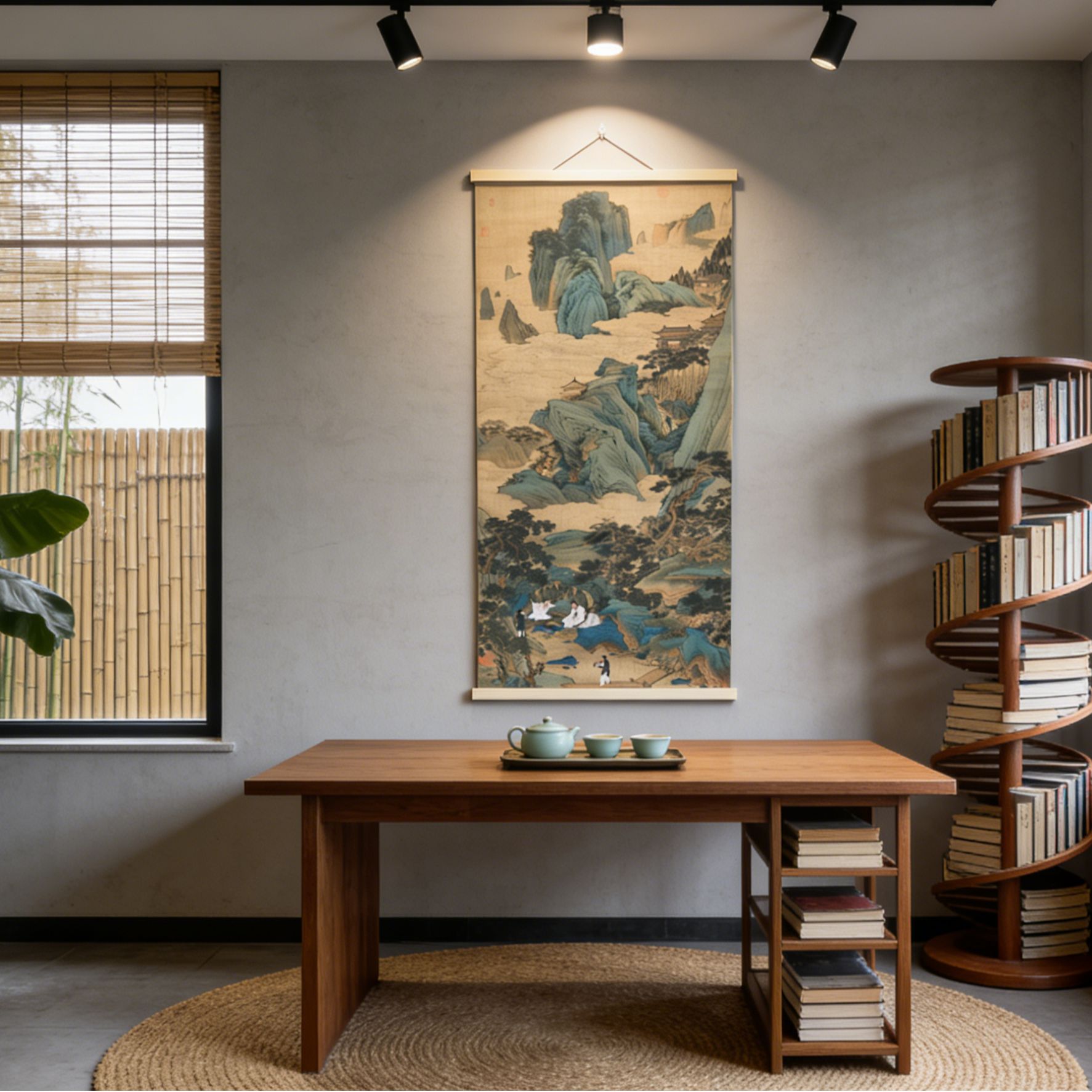 桃源仙境江山图新中式客厅玄关竖版青绿装饰画茶室装饰国画