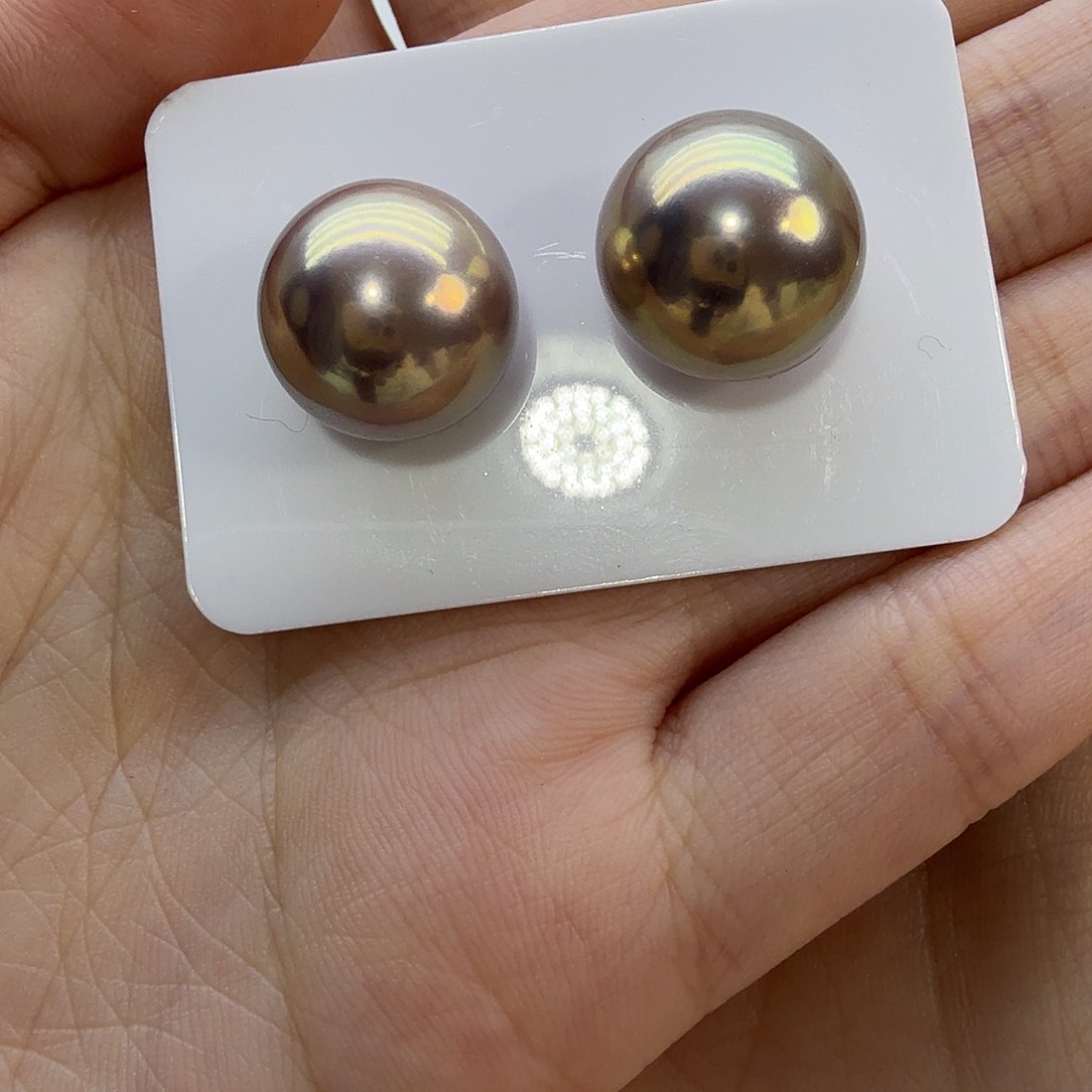 淡水珍珠耳饰银S925镶嵌14-15镜面金属光耳钉裸珠定制