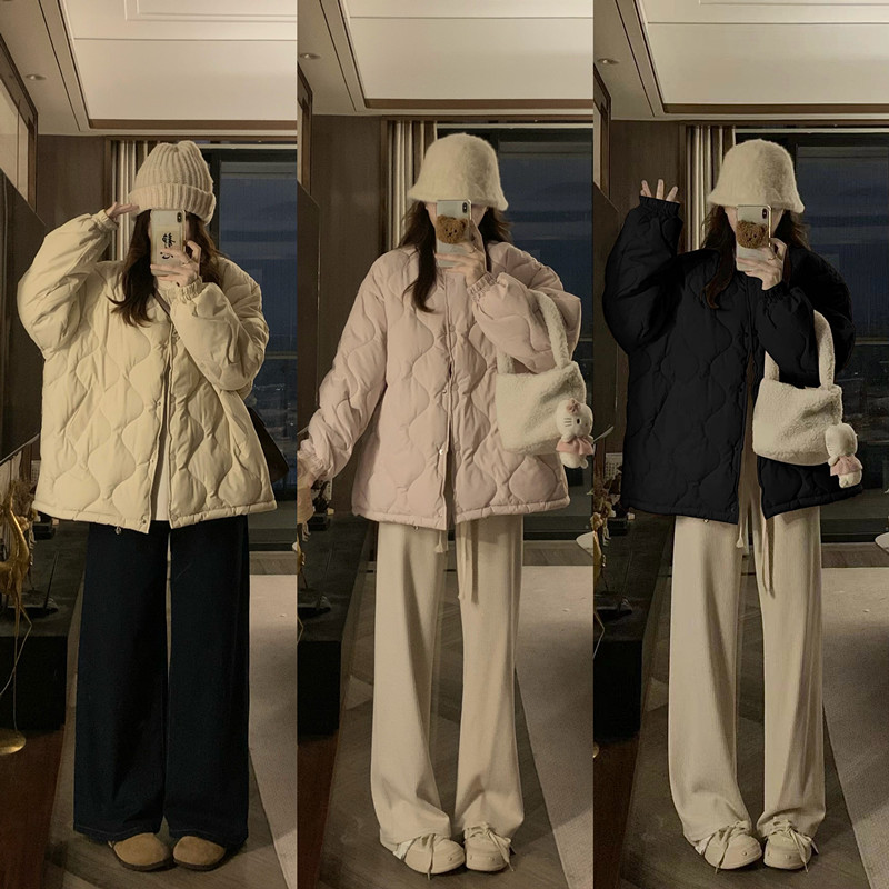 大码慵懒风菱格棉服外套女2025新款冬季胖MM宽松显瘦棉衣保暖上衣