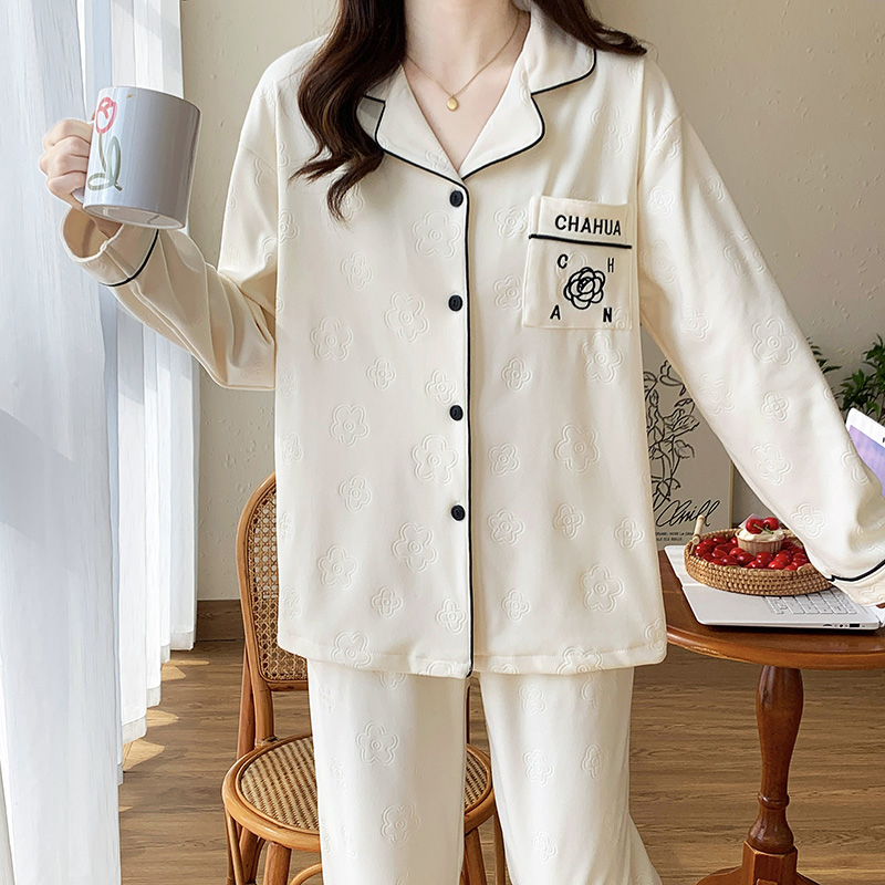 【山茶花】德绒套装睡衣女士秋冬季新款简约时尚百搭软糯长袖家居服
