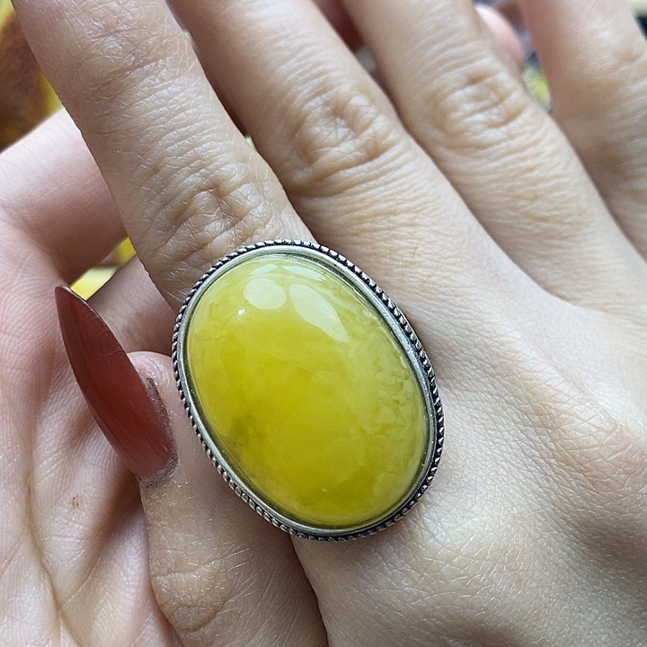 琥珀戒指银S925镶嵌戒指