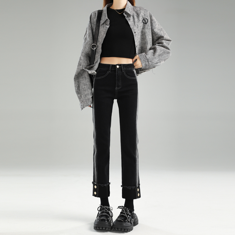 26黑色高腰加绒牛仔裤女装秋冬新款窄版小个子九分直筒烟管法棍裤