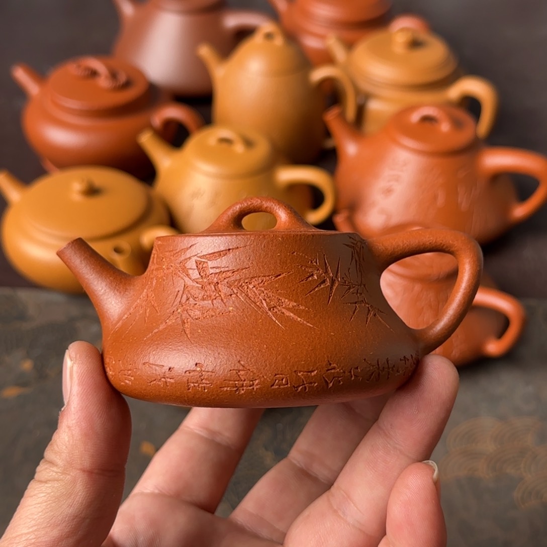 紫砂茶壶博***汇精挑宝山红降坡础瓢135cc刻绘竹子