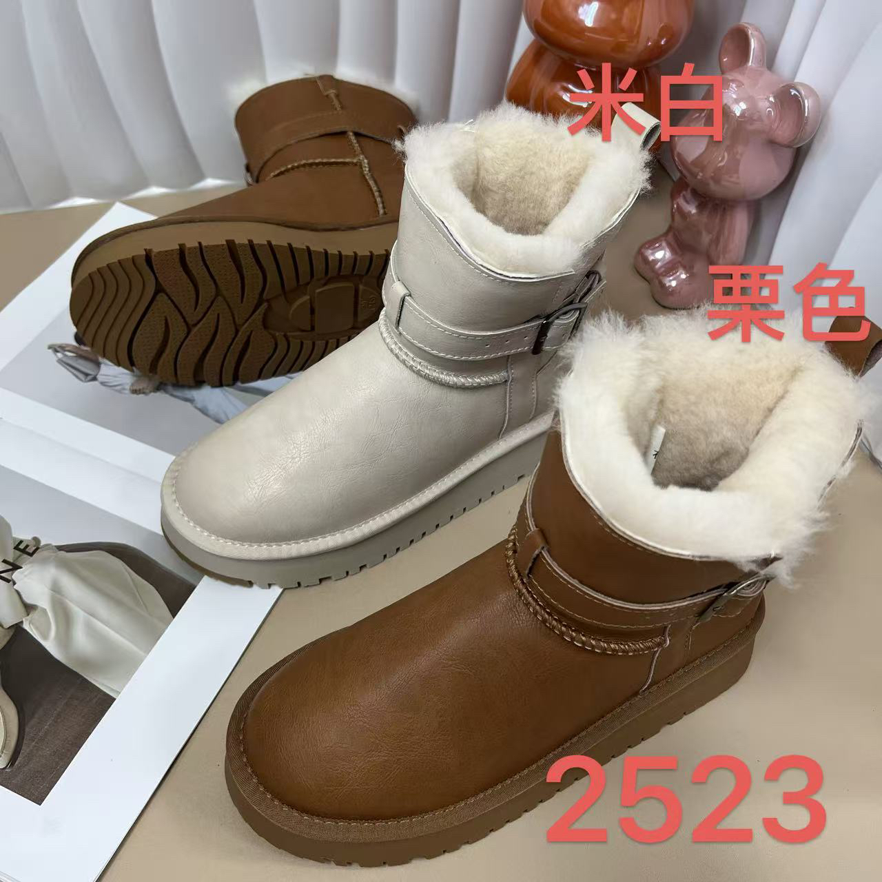 底厚4厘米 冬季女款【2523】中筒皮带扣牛皮羊毛保暖雪地靴加厚短靴
