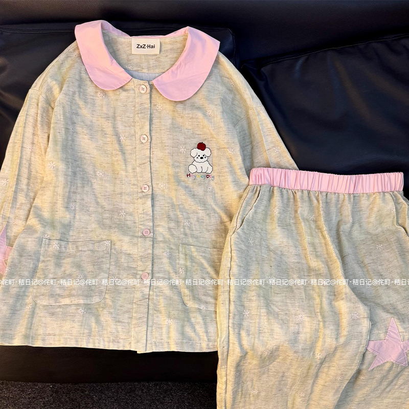 侘町2025年新款粉色星星雪花长袖睡衣套装女春秋季纯棉卡通家居服