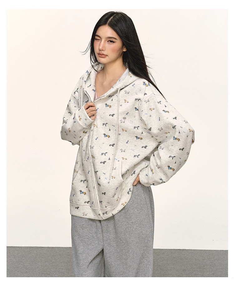 anna aneae连帽卫衣外套女秋冬季卡通小狗印花慵懒风宽松拉链上衣