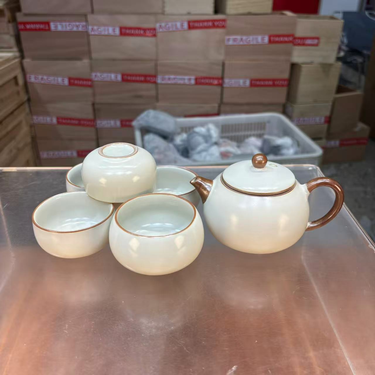 秋香茶具 黄汝窑石瓢壶一壶四杯+主人杯（无礼盒）小套装