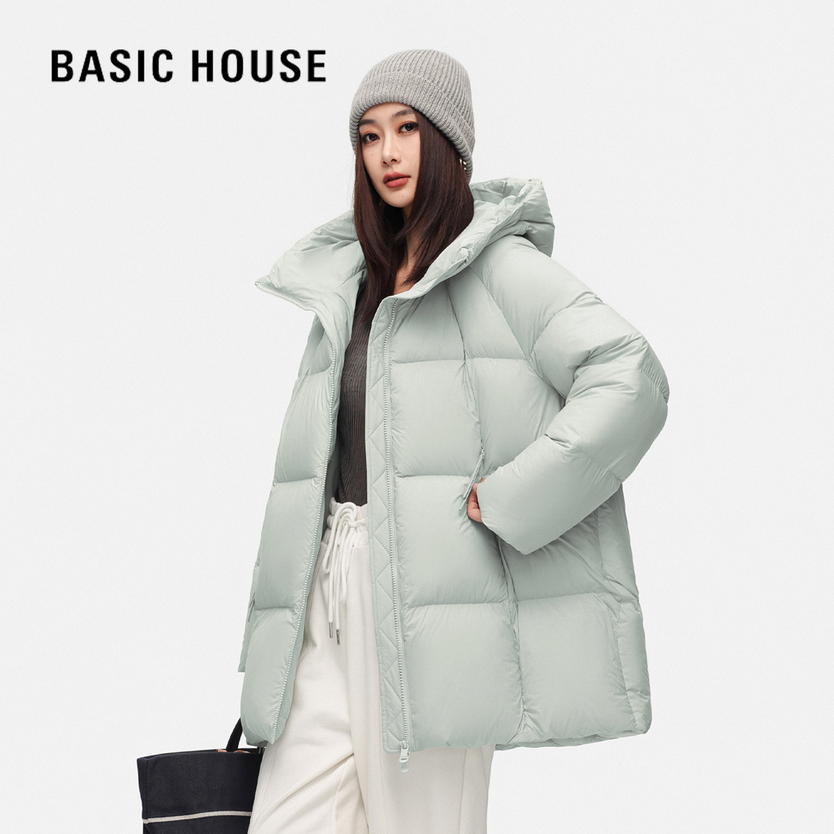 Basic House/百家好【店铺】冬季轻奢防风插肩袖长款90白鸭绒羽绒服