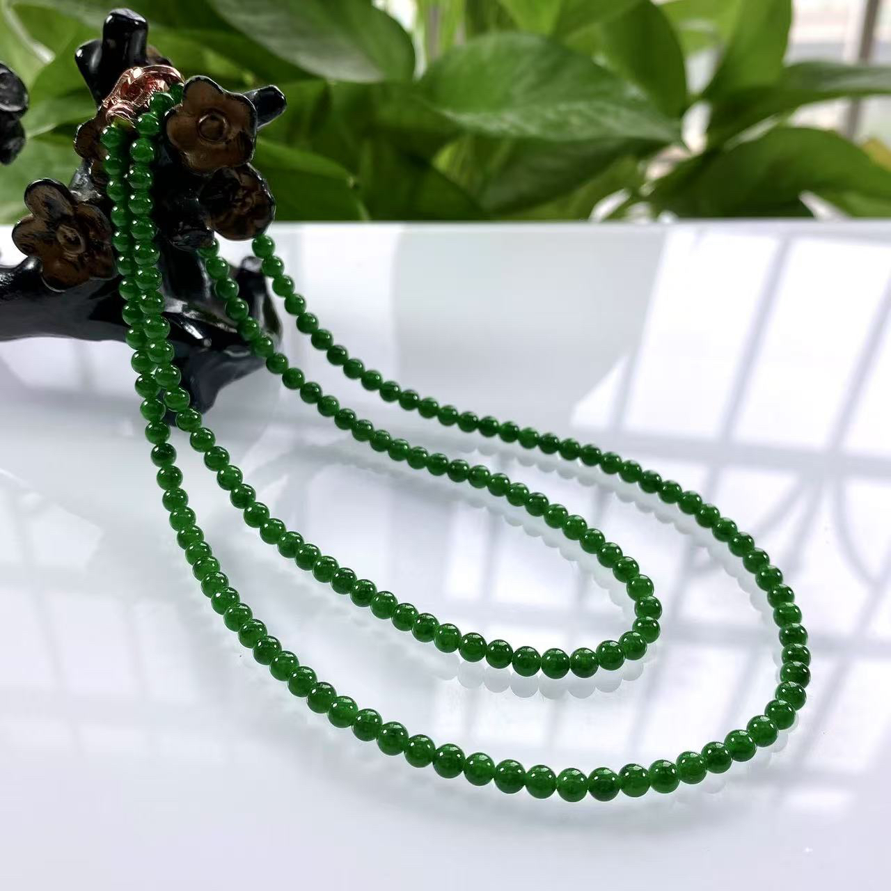 缅甸天然翡翠A货，卡4冰种满绿辣绿小米珠小圆珠项链手链18