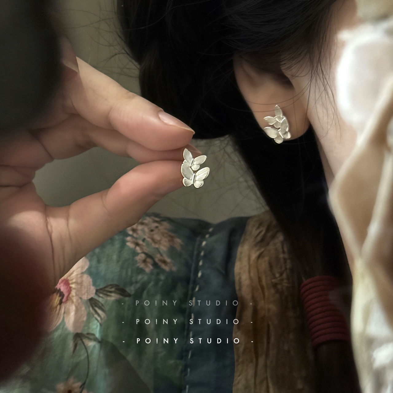 足银耳饰 立体蝴蝶耳钉女990纯银耳环小众高级耳饰轻奢百搭ins风