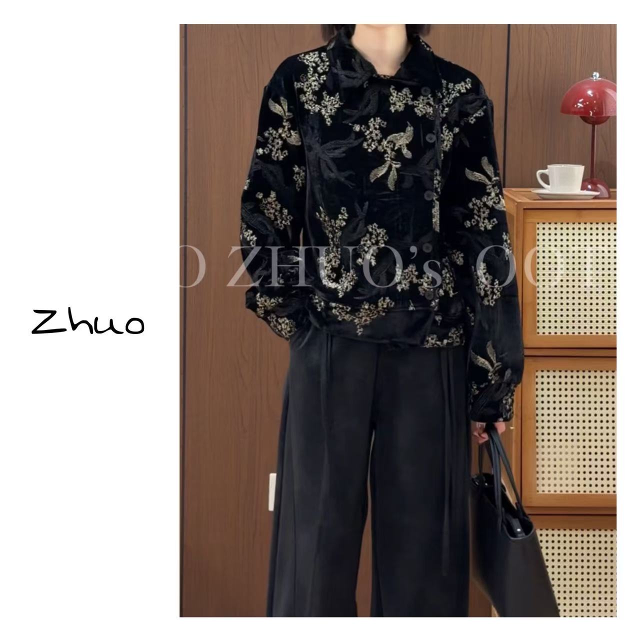 Zoe 原创【负心诗人】新中式冬季刺绣加绒加厚国风设计感丝绒衬衫