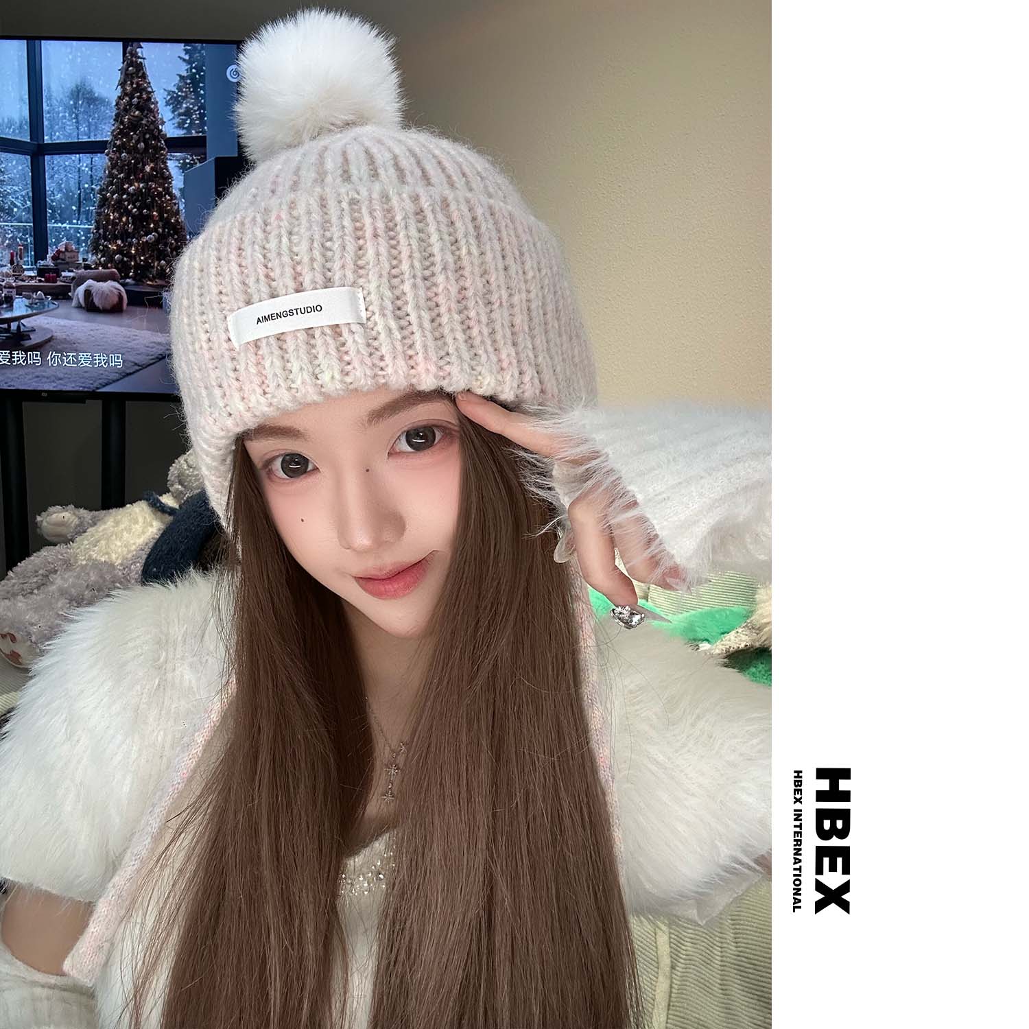 HBEX可爱雪顶护耳针织毛线帽子女冬加厚保暖羊毛混纺显脸小雷锋帽
