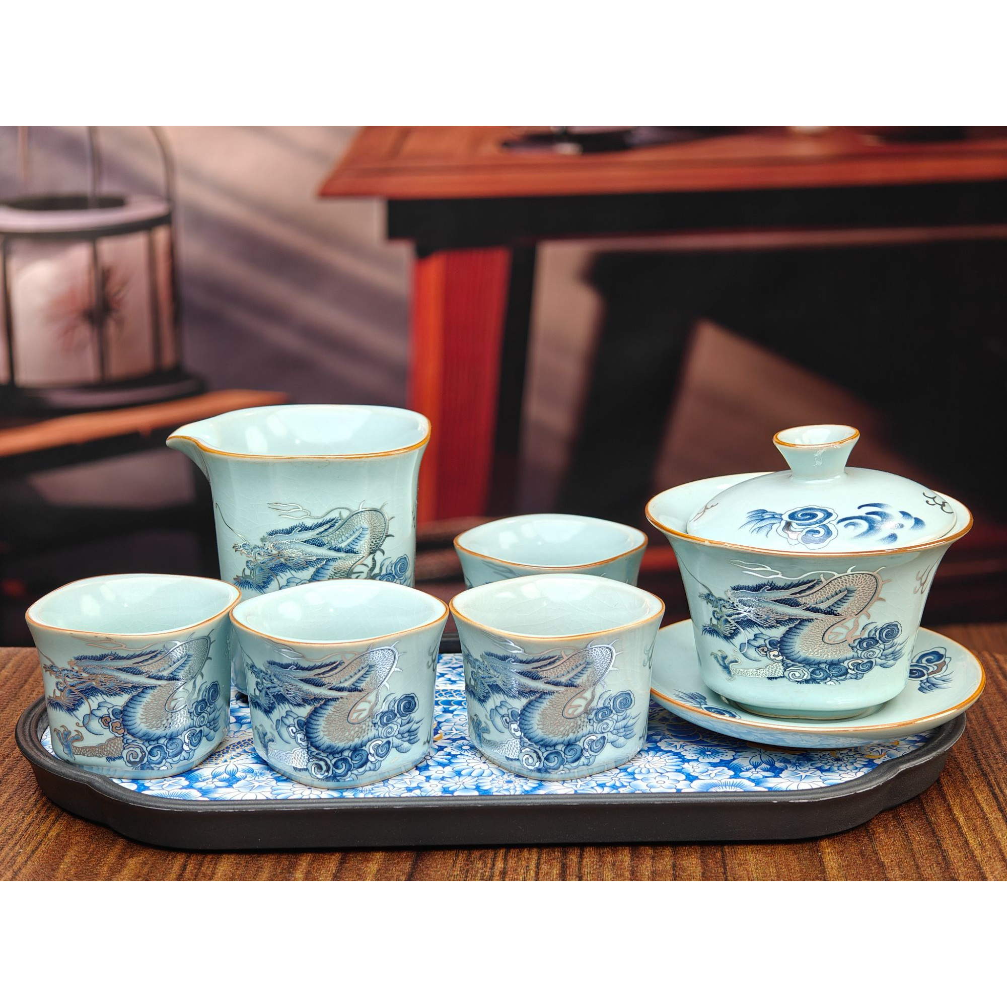 天青蓝描银龙纹一盖碗+四杯+公道+干泡台ZH37