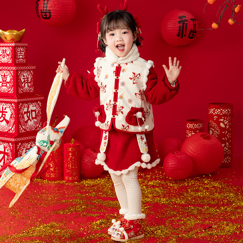 萌乎【多宝龙】国风拜年服女童刺绣半身加厚唐装234225