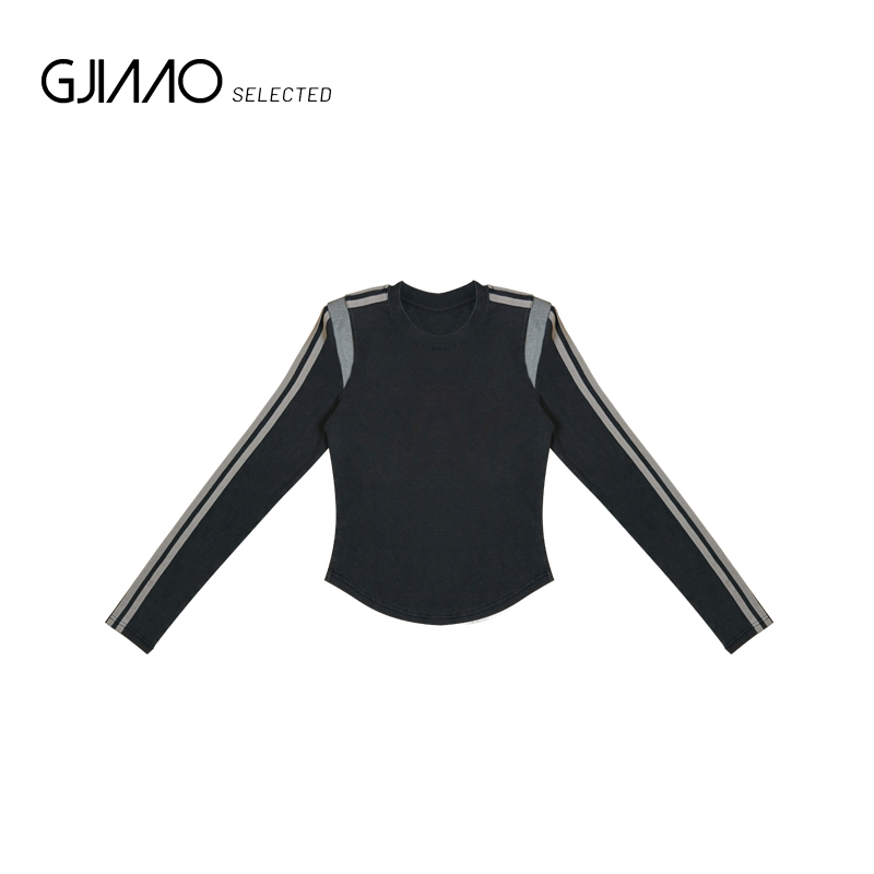 8097 袖条纹圆边垫肩T恤