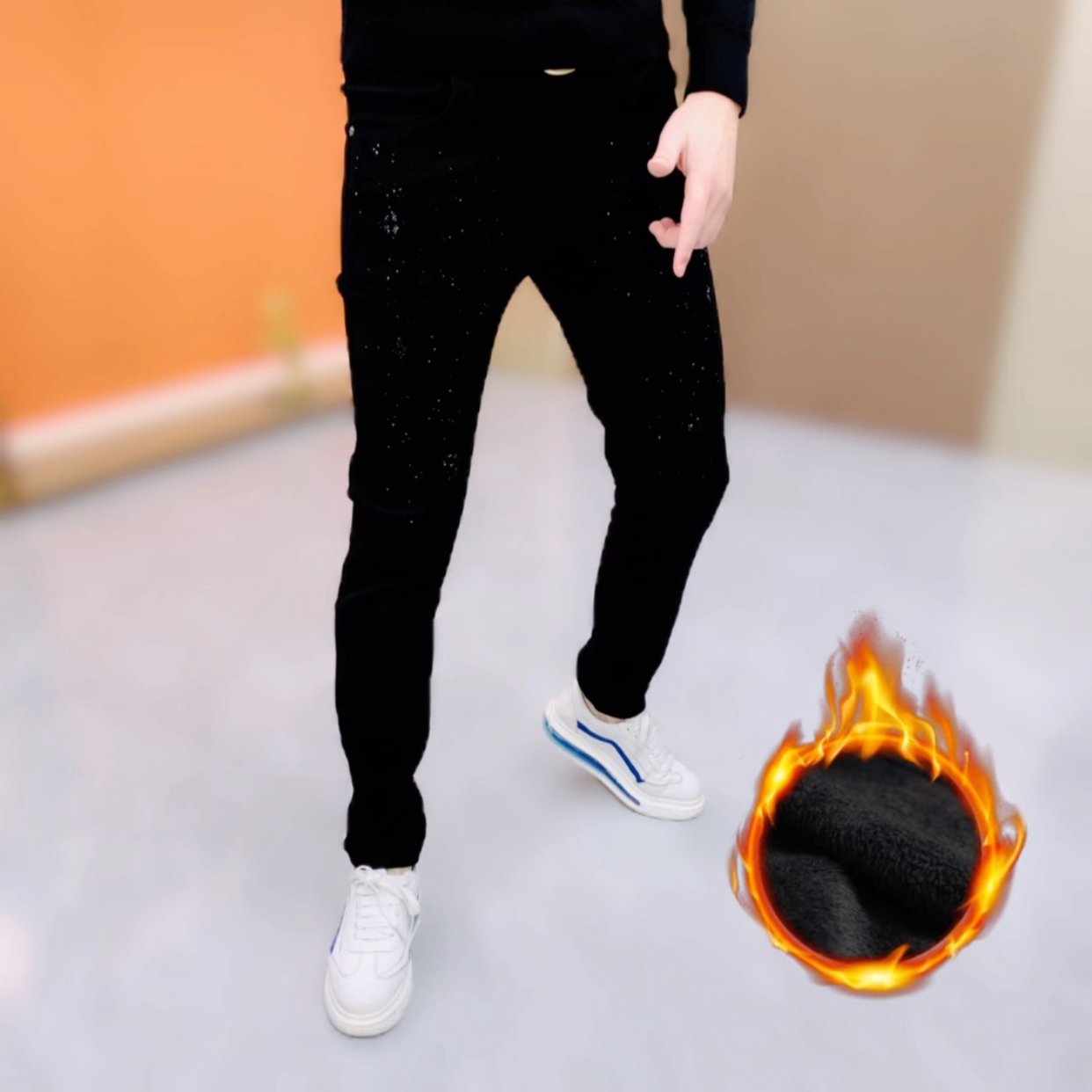 阿凯严选  欧洲站秋冬季新款男士修身小脚高弹烫钻百搭轻奢牛仔裤