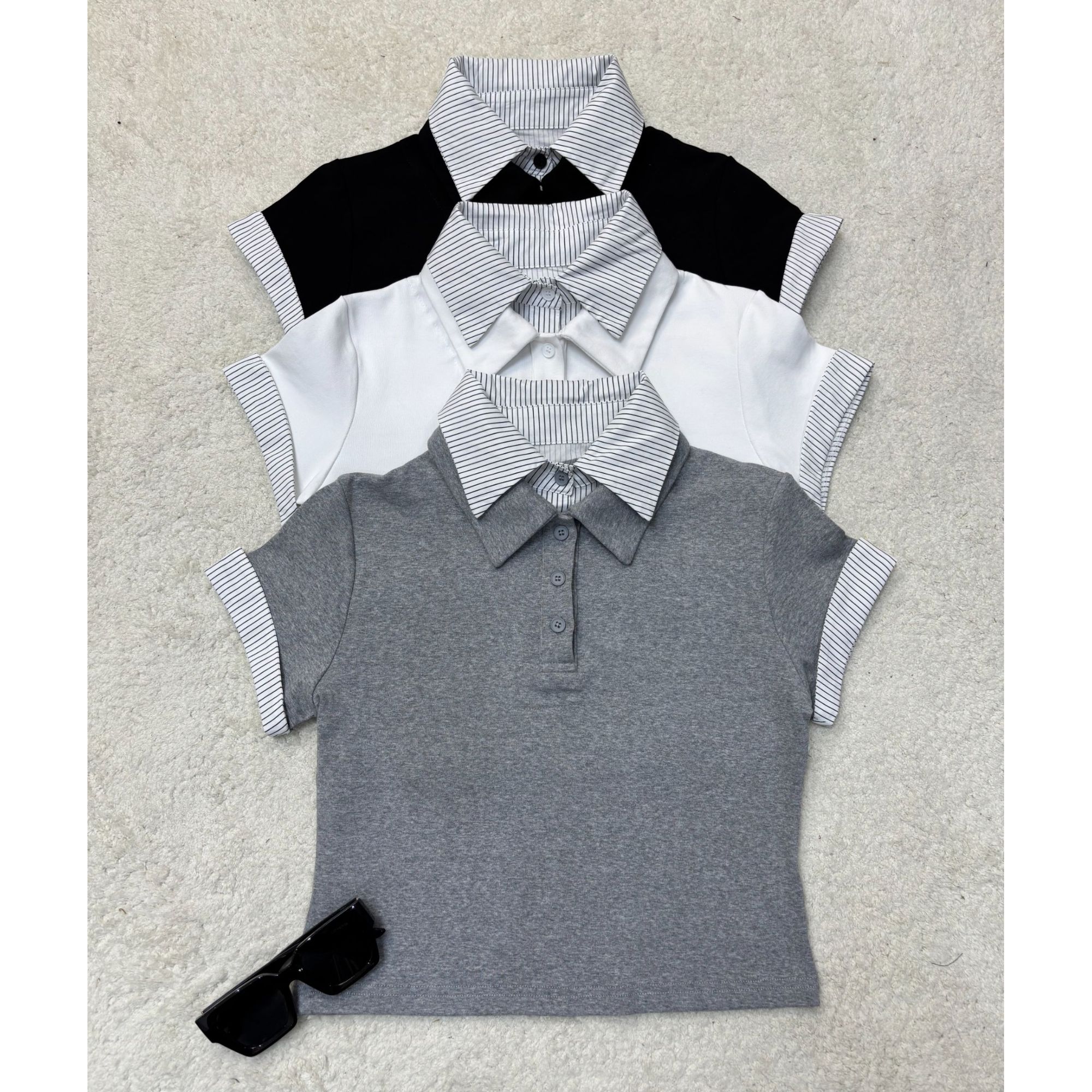 夏季新款韩版假两件撞色条纹短袖T25164