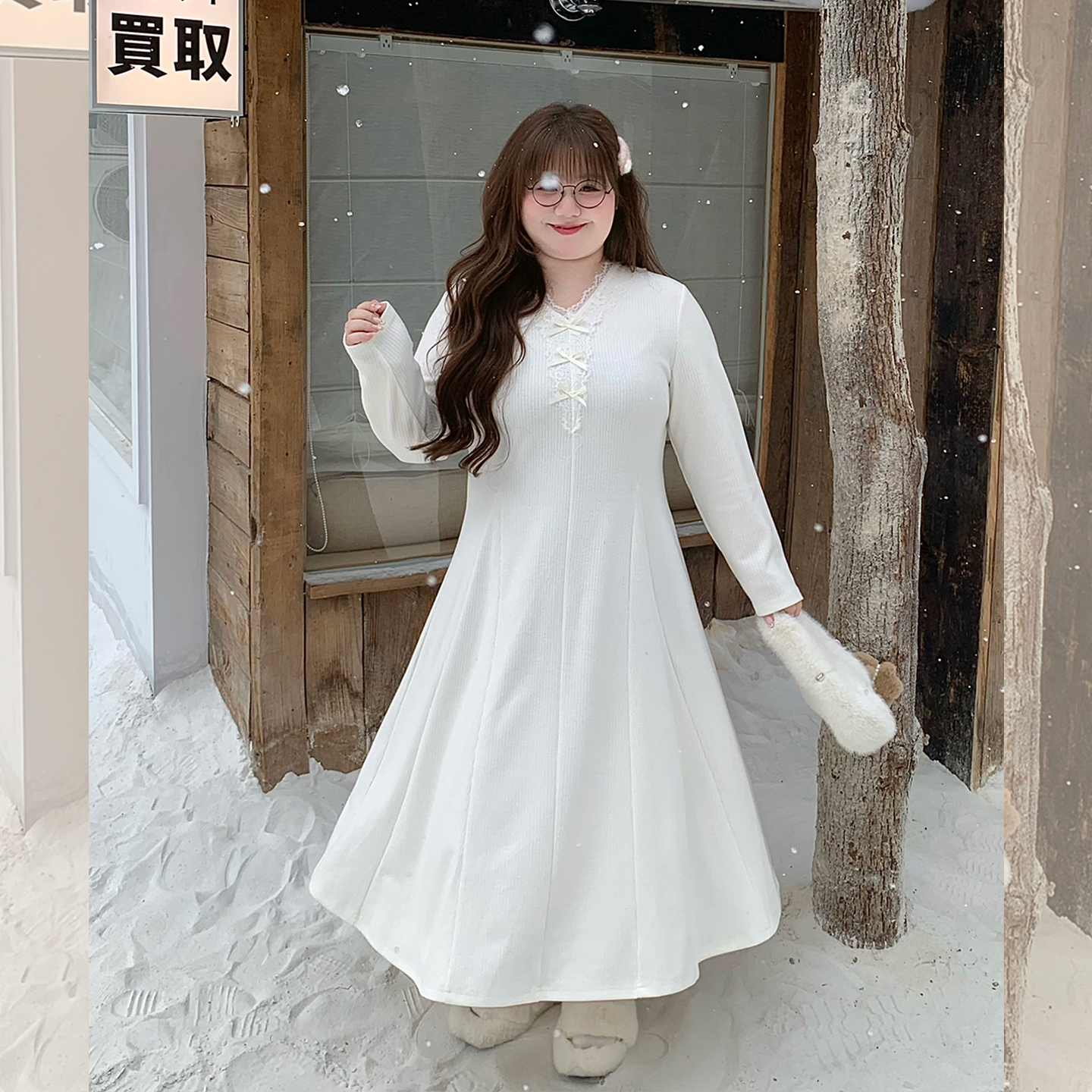 【LT STUDIO辣条大码】蕾丝长袖内搭外穿针织连衣裙