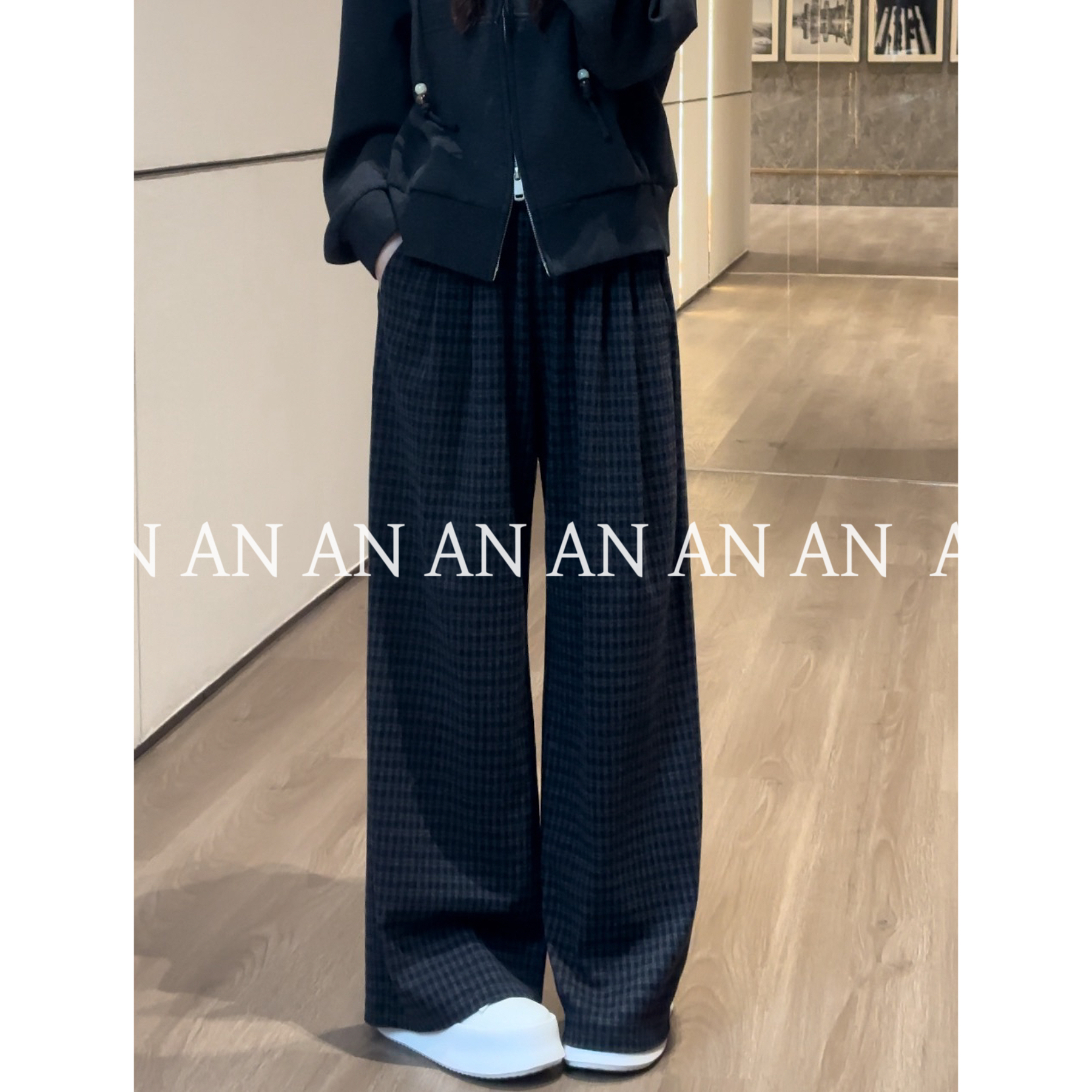 C08400新款时尚洋气宽松百搭慵懒感松紧腰阔腿休闲格子裤