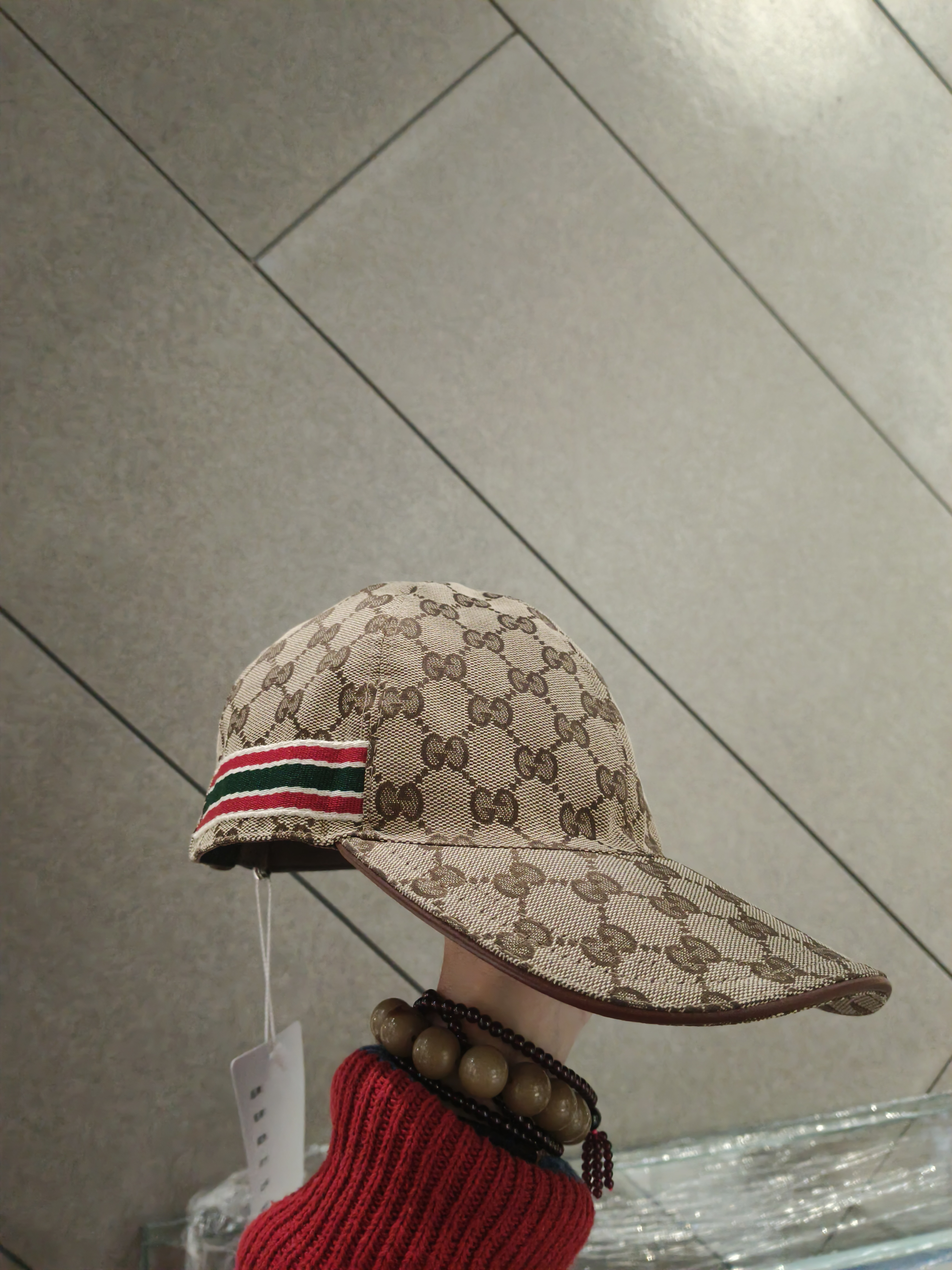 99新 GUCCI/古驰 帝爵倩姐直播专享/乌木色红绿条纹帆布棒球M码