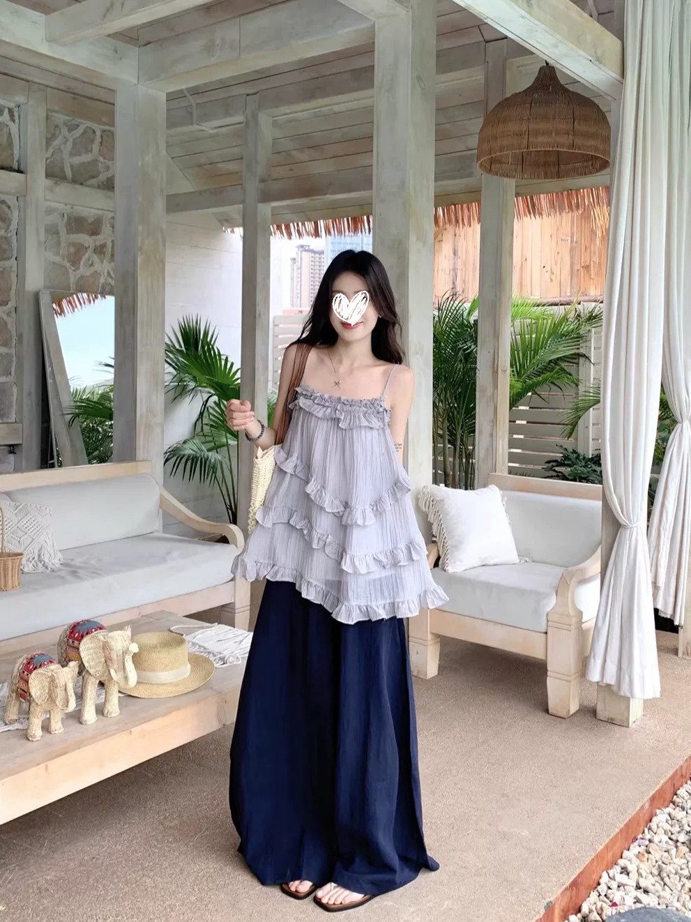 不规则木耳边吊带背心女夏阔腿裤套装