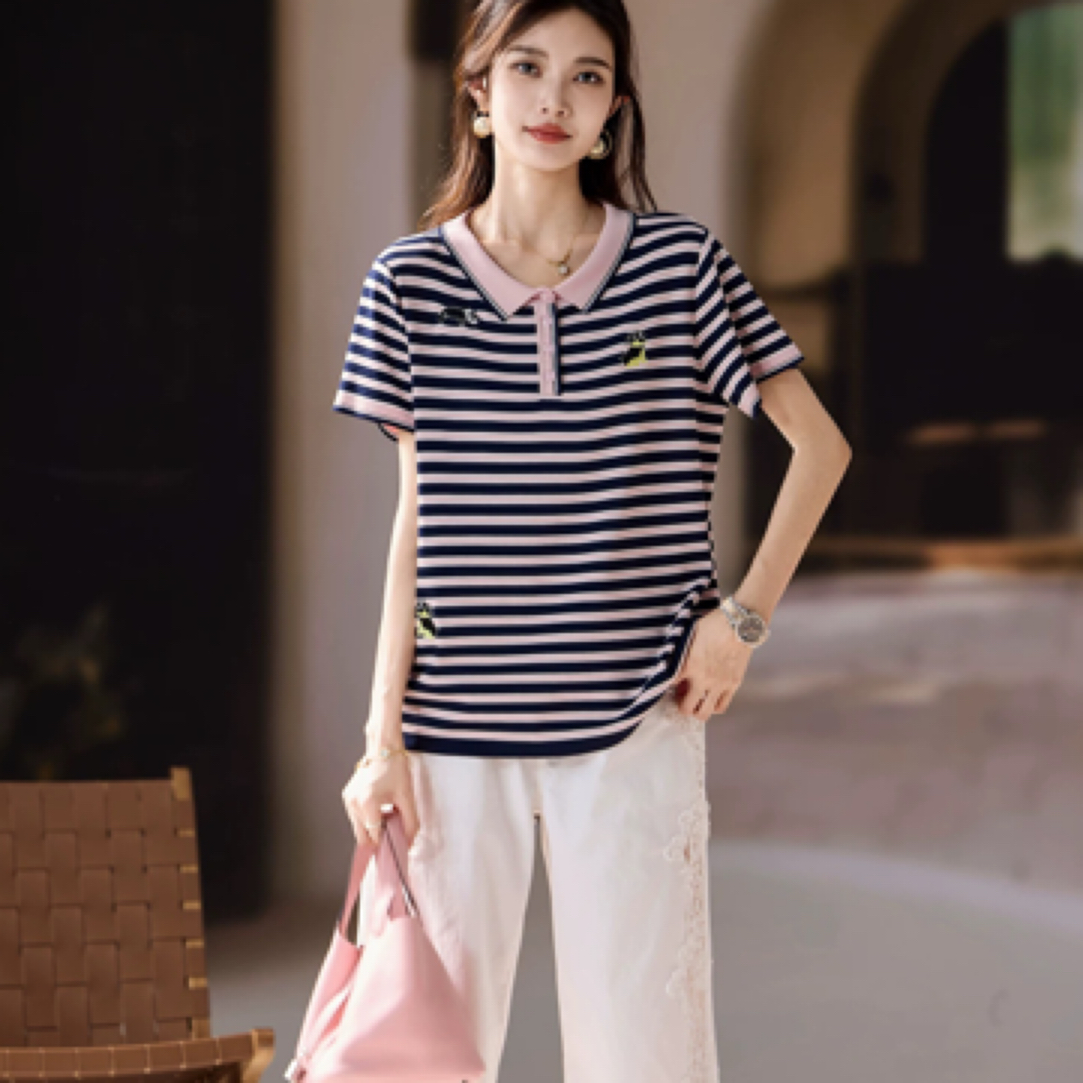 大女人新款时尚刺绣翻领条纹T恤短袖上衣长65-70