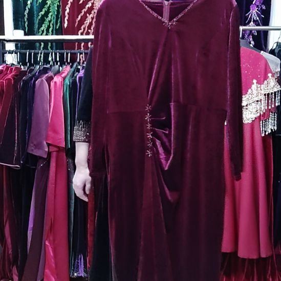 紫红色金丝绒v领前开叉手工穿珠礼服裙2XL125斤以内3XL135斤以内