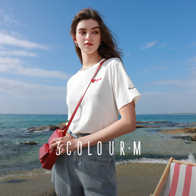 0529【金拐子专属】三彩2025夏季新款爱心刺绣短袖T恤圆领宽dbx